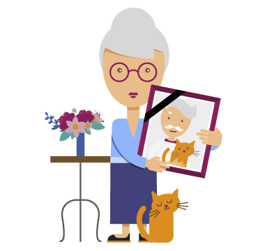 personnage tenant un cadre avec la photo de son conjoint décédé