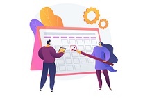 Time managementt. Calendar method, appointment planning, business organizer. People drawing mark in work schedule cartoon characters. Colleagues teamwork. Vector isolated concept metaphor illustration
