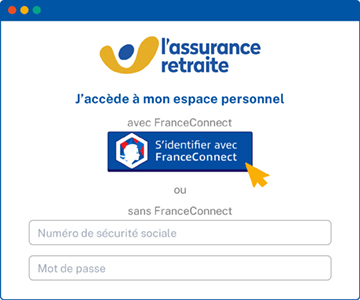 écran de connexion à l'espace personnel. Flèche positionnée sur le bouton FranceConnect