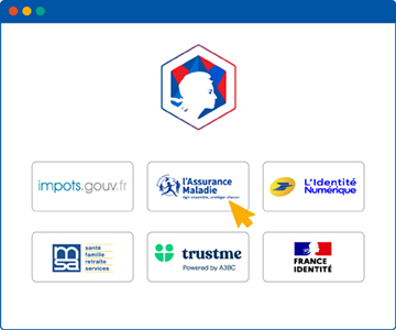 écran de connexion FranceConnect avec une flèche positionnée sur le fournisseur d'accès Assurance Maladie