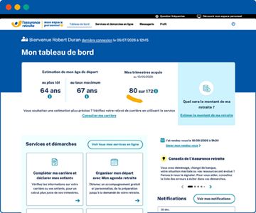 page d'accueil de l'espace personnel du site lassuranceretraite.fr